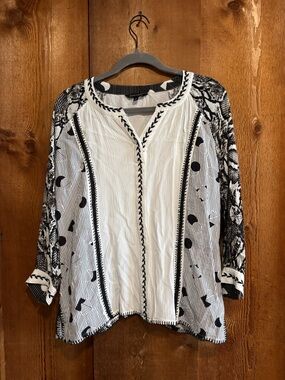 John Mark Embroidered Black and White Blouse Boho Geometric Print Size S